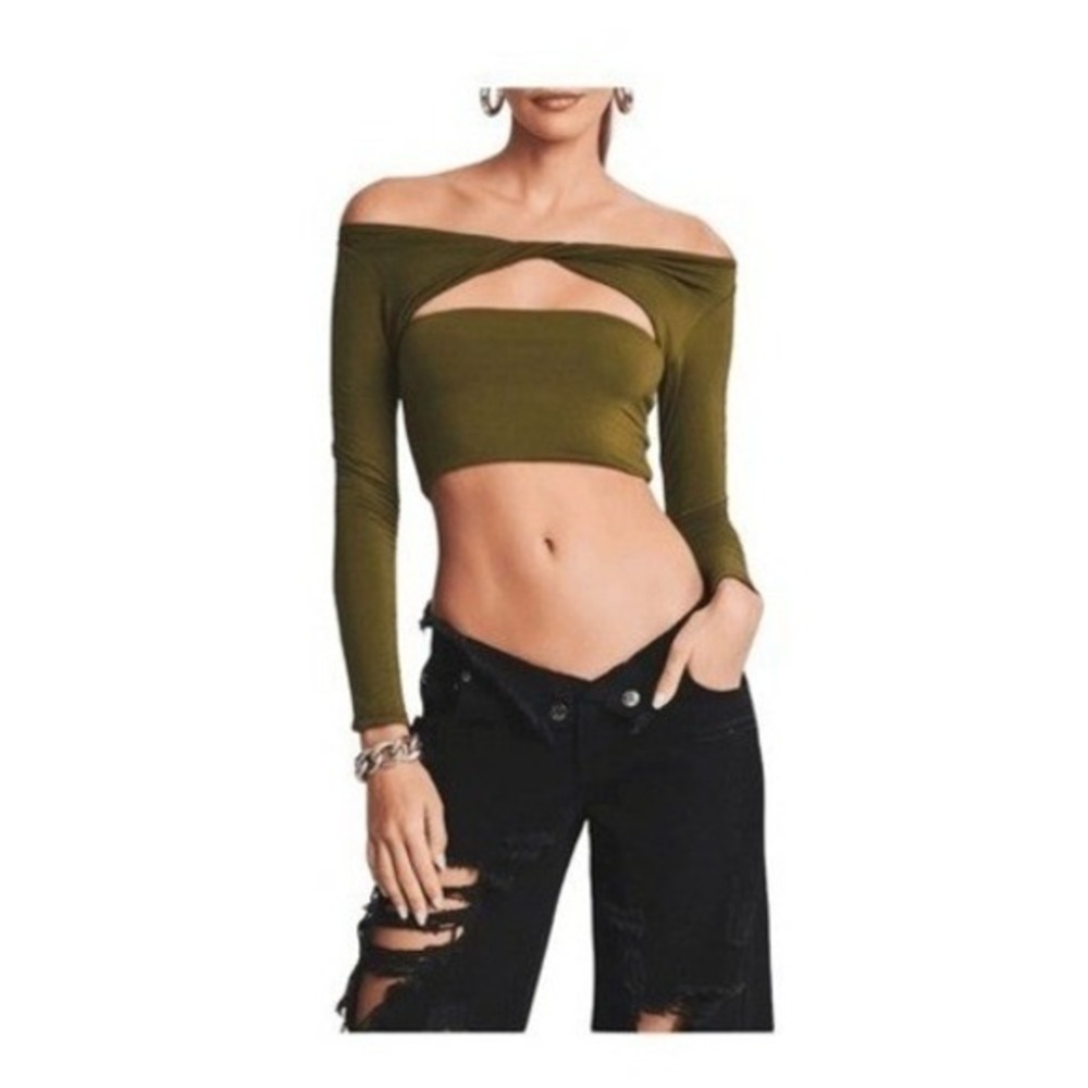 SER.O.YA Ellis Twisted Peekaboo Top Olive Green Long Sleeve‎ Crop Long Sleeve M
